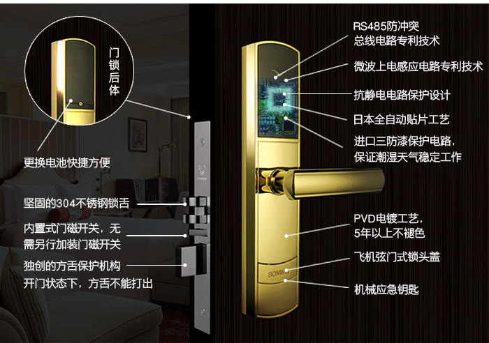 门锁特点——方舌防撞保护专利结构，减少门锁故障；专用过线器有效保护网线不被扭断；门锁低电压和异常情况报警；进口三防漆保护电路板，不怕潮湿和腐蚀。